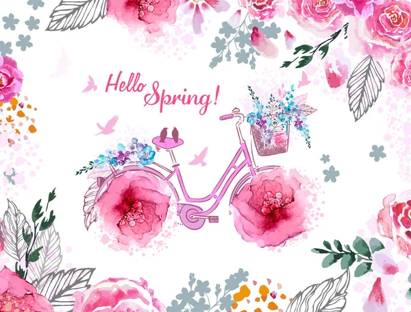 손 그림 디자인. 꽃 바퀴달린 자전거. 안녕 봄아. 날으는 새들. 벡터 일러스트 — 스톡 벡터