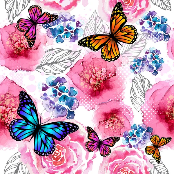 Sömlös bakgrund akvarell blommor med fjärilar. Vektorillustration — Stock vektor