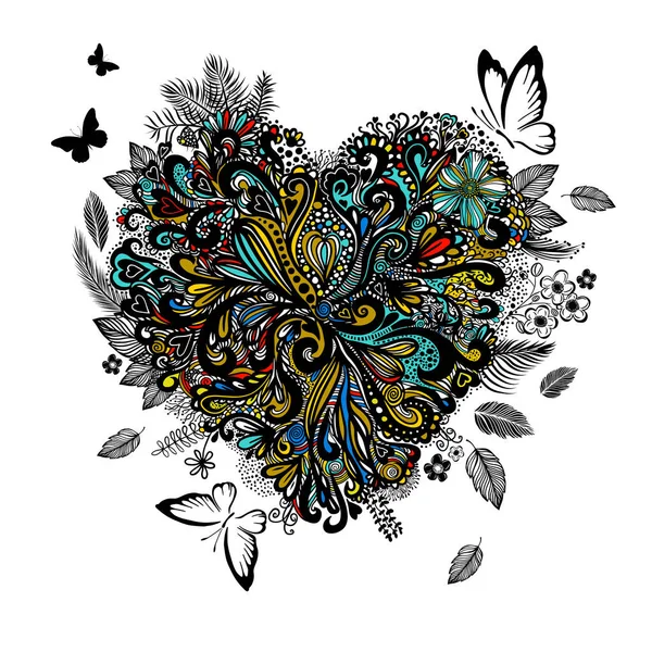 A graphic heart of flowers with butterflies. Happy Valentines Day. Vector illustration — Stock Vector