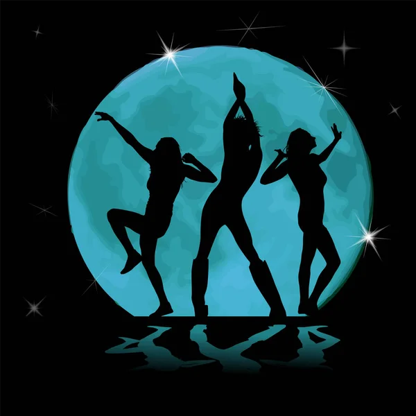 Silueta de chicas bailando en una discoteca. sobre un fondo negro. Fiesta nocturna. Luz de luna. Ilustración vectorial — Vector de stock