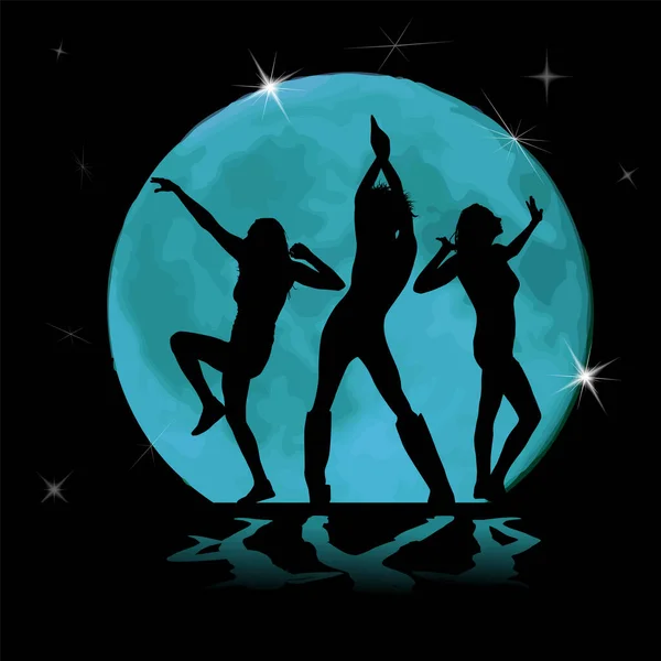 Silueta de chicas bailando en una discoteca. sobre un fondo negro. Fiesta nocturna. Luz de luna. Ilustración vectorial — Archivo Imágenes Vectoriales