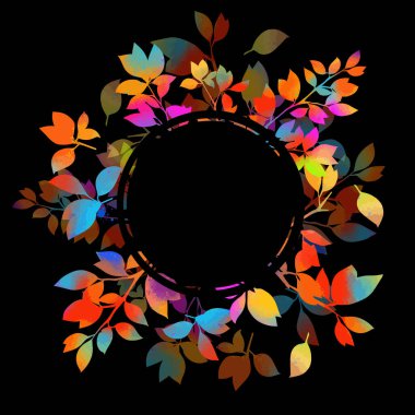 Reklam için siyah arka plan, tebrikler renkli yapraklardan gelen kartpostallar. Yuvarlak çerçeve. Sonbahar indirimi posteri. Mesajın için yer aç. Vektör illüstrasyonu