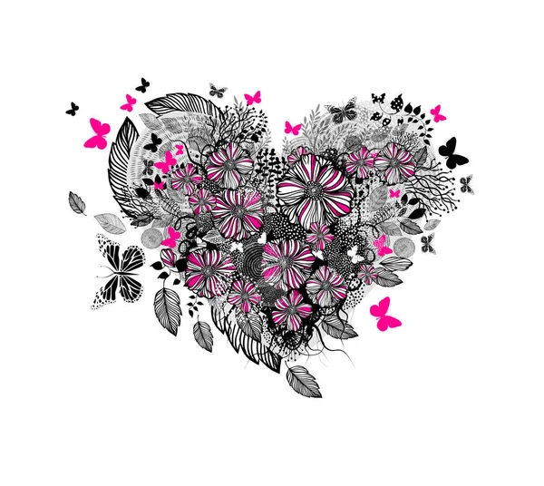 Um coração gráfico de flores rosa e preto. Feliz Dia dos Namorados. Ilustração vetorial — Vetor de Stock