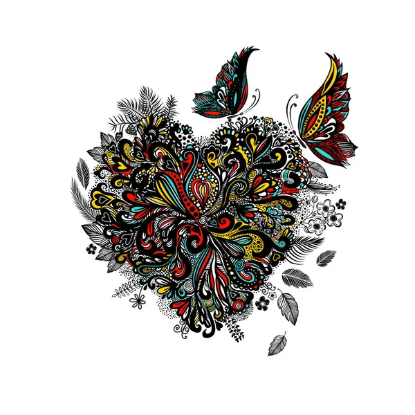 A graphic heart of flowers with butterflies. Happy Valentines Day. Vector illustration — Stock Vector