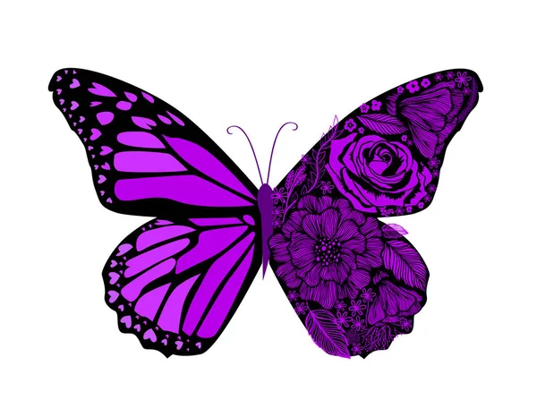 Schmetterlingsviolett aus Mustern. Vektorgemusterte Illustration für Tätowierungen, Poster oder Drucke. Handgezeichnete Skizze. Insektensammlung. — Stockvektor