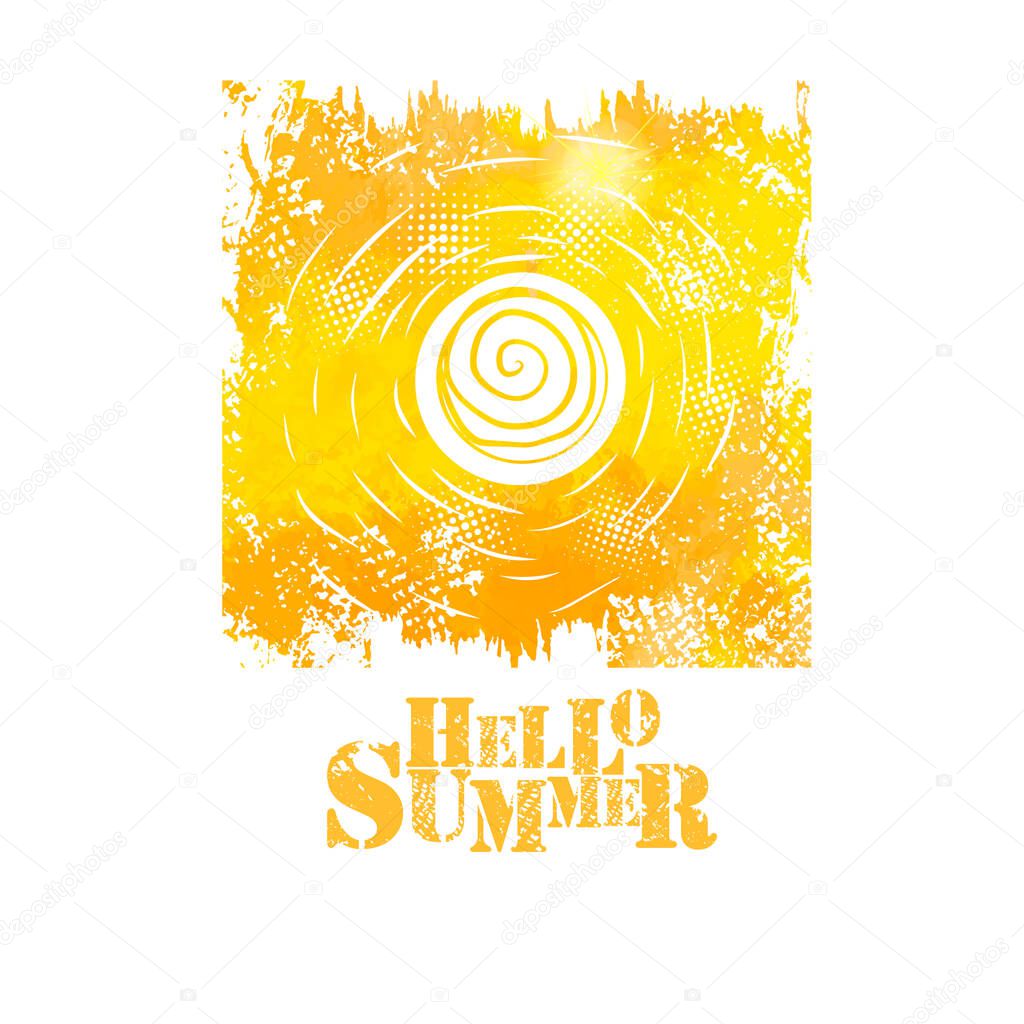 Watercolor Summer hand lettering vector. Yellow watercolor acrylic hand painted background. Perfect design element for greeting cards, posters and print invitations. Good print design element.