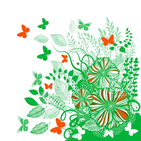 Abstracción floral verde con mariposas y flores. Hola verano. Ilustración vectorial — Vector de stock