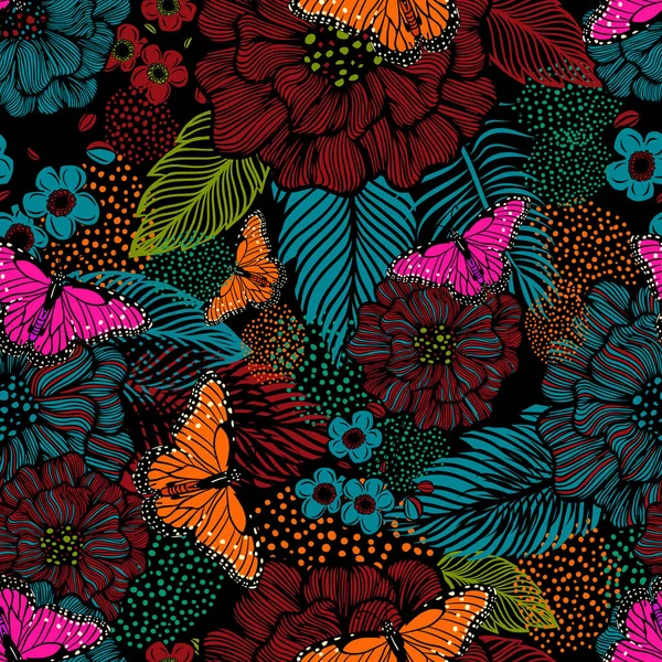 Seamless background from multicolored flowers and butterflies. Vector illustration — Διανυσματικό Αρχείο