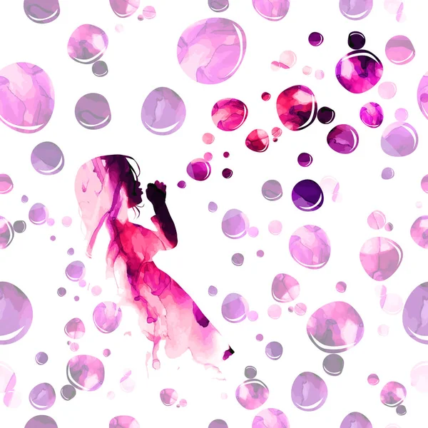 Tvål akvarell bubblor. Sömlös bakgrund. Flicka blåser såpbubblor. Vektorillustration — Stock vektor
