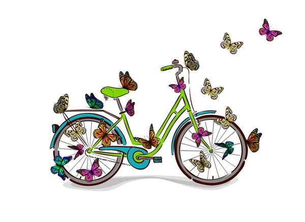 Дорожный велосипед с бабочками. Векторная иллюстрация — стоковый вектор