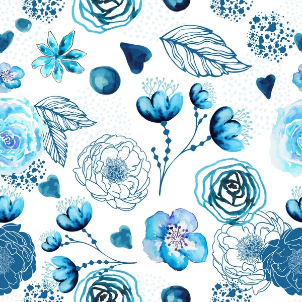 Vetor floral padrão de textura aquarela com flores azuis. Fundo sem costura para papel de parede, preenchimento padrão, fundo da página web — Vetor de Stock