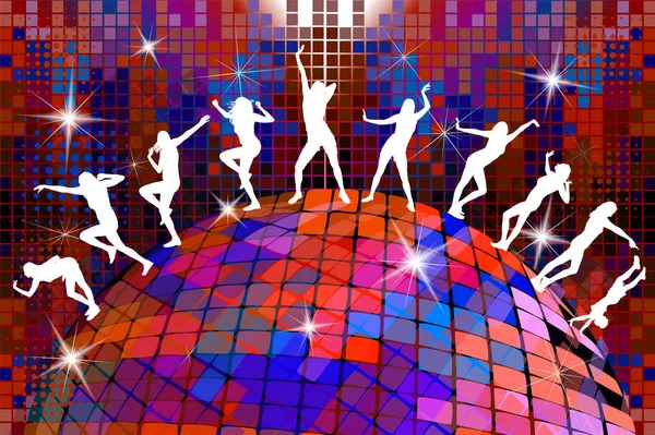 Silueta de chicas bailando en una discoteca. Ilustración vectorial — Vector de stock