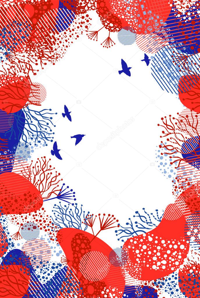Abstract vertical frame for congratulations. Red blue colors with birds and flowers. . Vector illustration