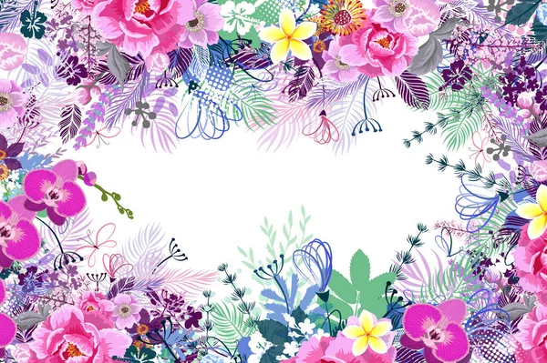 Πολύχρωμο πλαίσιο συνόρων με διαφορετικά ανθισμένα λουλούδια λιβάδι. Φυσικό φόντο με ένα μέρος για κείμενο. Κομψό φλοράλ κάρτα. Εικονογράφηση διανύσματος — Διανυσματικό Αρχείο