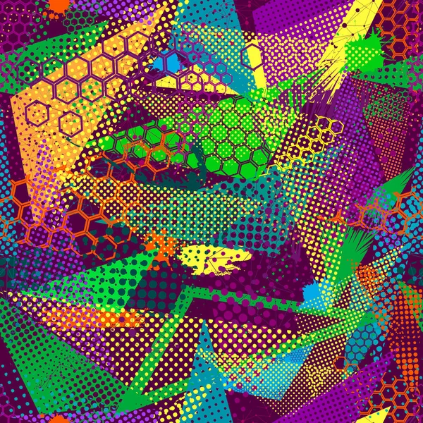 Abstraktes nahtloses Muster für Textilien. Tapete mit geometrischen Elementen aus Neonlicht für Jungs. Moderner Grunge-Hintergrund. Muster für Jungen und Mädchen. — Stockvektor