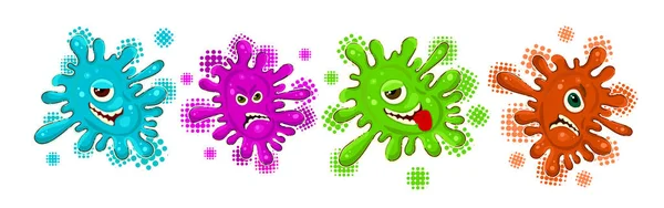 Conjunto de personagens Funny blots monstros com emoções diferentes, silhueta preta, estêncil de lodo, ilustração das crianças, vetor isolado em estilo plano, design, decoração, impressão — Vetor de Stock