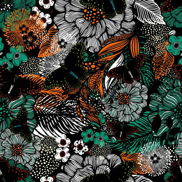 Seamless background from multicolored flowers and butterflies. Vector illustration — Διανυσματικό Αρχείο