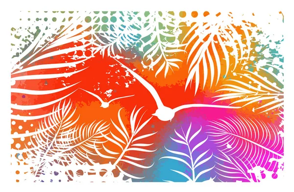 Abstrakta mångfärgade akvarell imitation stänk bakgrund med tropisk palm lämnar. Trendiga sommar semester bakgrund. — Stock vektor