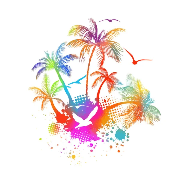 Abstrakte mehrfarbige Aquarell-Imitation spritzt Hintergrund mit tropischer Palme. Trendy Sommerurlaub Hintergrund. — Stockvektor