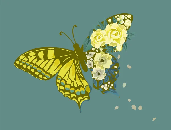 蝴蝶从黄色的花朵中飞走.T恤打印。矢量说明 — 图库矢量图片