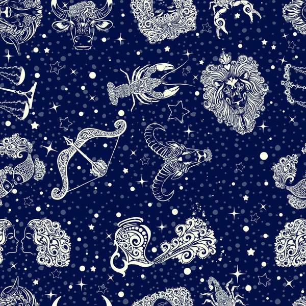Espaço Galaxy constelação padrão sem costura impressão poderia ser usado para têxteis, esteira de ioga estrela do zodíaco, ilustração vetorial — Vetor de Stock