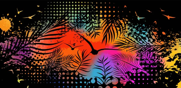 Abstrato multicolorido imitação aquarela espirra fundo com folhas de palma tropicais. Fundo de férias de verão na moda . —  Vetores de Stock
