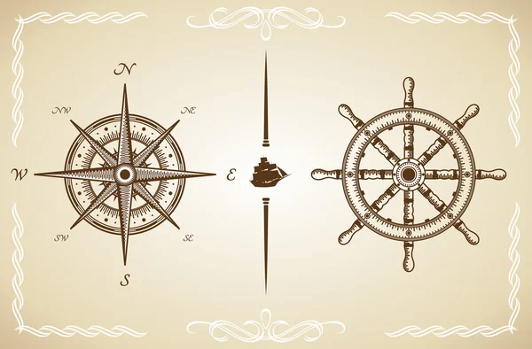 Vector Vintage Compass and Rudder — Stock Vector