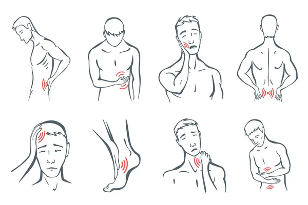 Partes del cuerpo dolor conjunto. El hombre siente la ubicación del dolor en diferentes partes del cuerpo con iconos de línea roja. Dolor de cabeza, cuello o dientes. Focos vectoriales de símbolos de dolor o trauma, ilustración de línea de arte gris — Vector de stock