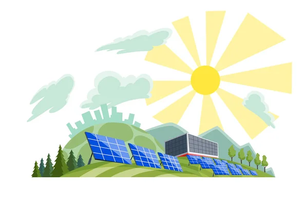 Temiz elektrik enerjisi kavramı. Güneş panellerinden yenilenebilir elektrik kaynağı. Geleceğin ekolojik değişimi. Şehrin ufuk çizgisi ve arka planda doğa manzarası — Stok Vektör