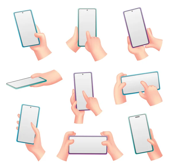 휴대 전화로 만화 손 컬렉션. 사람들이 빈 화면으로 핸드폰을 들고 있어. 다른 터치 동작을 사용하여 모바일 앱의 소셜 네트워크 통신을 만들어 보 세요. 디지털 장치 — 스톡 벡터