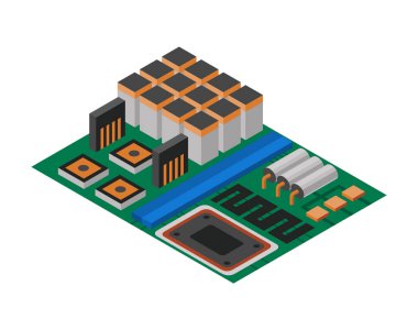 Elektronik bileşenli Isometric devre kartı. Bilgisayar çipi teknolojisi işlemci devresi ve bilgisayar ana kart bilgi sistemi. Elektronik 3D izole bileşim