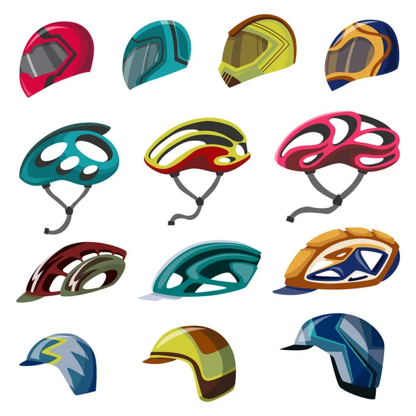 Helme Kollektion für Roller, Fahrrad, Fahrrad, Auto und Motorrad Sport. Kopfschutz. Cartoon flache Sporthelm Ikone Set — Stockvektor