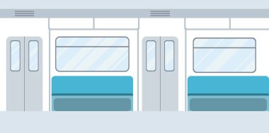 Metro yeraltı tren vagonunun içi. Yeraltı metro toplu taşımacılığı yolcuları. Boş metro konsepti tasarımı