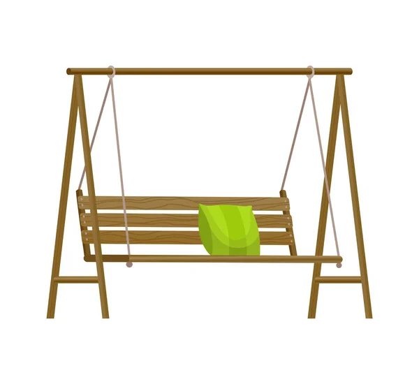 Скамейка для качелей. Классическая садовая деревянная подвесная мебель с зеленой подушкой. Деревянные качели на раме с веревками. Элемент Патио для отдыха — стоковый вектор