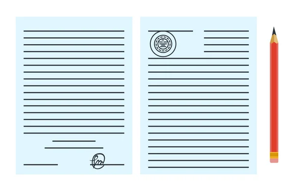 Anuncio de servicio notarial. Documento legal en papel o contrato aislado sobre fondo azul. Ilustración de vectores de color en estilo plano — Archivo Imágenes Vectoriales