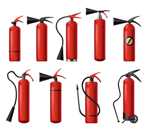 Red fire extinguishers set. Isolated portable fire-fighting units of different shape. Firefighters tools for flame fighting attention. Portable fire extinguishing equipment — Stock Vector
