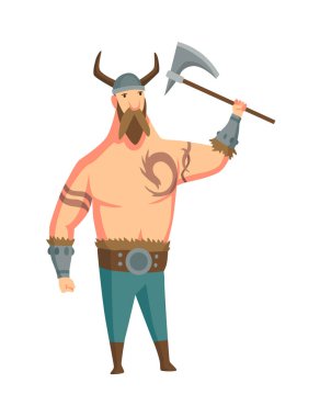 Boynuzlu miğferi ve baltası olan bir Viking. Sakallı adam savaşçı ya da İskandinav efsanelerinin kahramanı. Barbar karikatür tarihi karakteri.