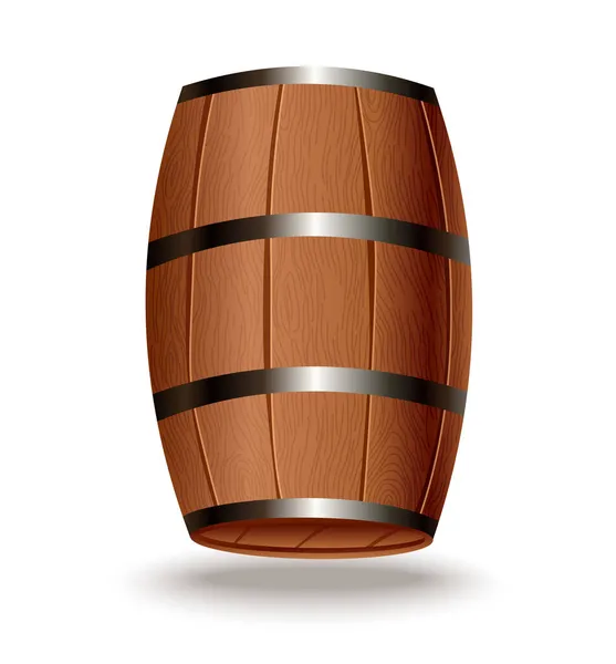 Realistický dřevěný sud. Izolovaný dubový sud s dřevěným tělem se železnými kroužky na bílém pozadí. Vektorový realistický sud na whisky, rum, koňak, víno, pivo, kvasu nebo jiné nápoje — Stockový vektor