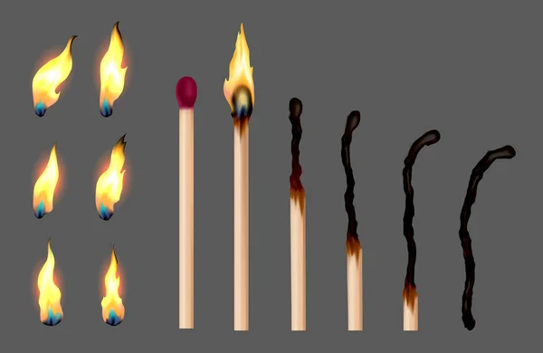 Conjunto de palos de cerillas con secuencia de combustión. La madera coincide en diferentes etapas ardiendo y brillando rojo, soplado y completamente quemado. Ilustración vectorial realista abstracta — Archivo Imágenes Vectoriales