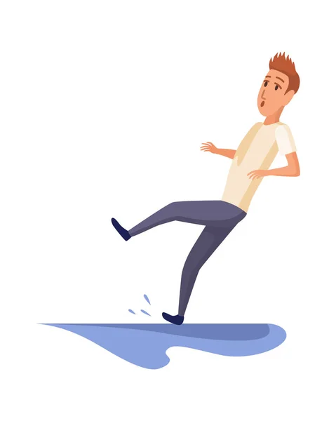 Falling man. Falling down people because of slipping, accident. Young men dangerous accident. Slippery, danger, risk. Bad luck, misfortune, fiasco. Business failure, company crash concept — Stock Vector