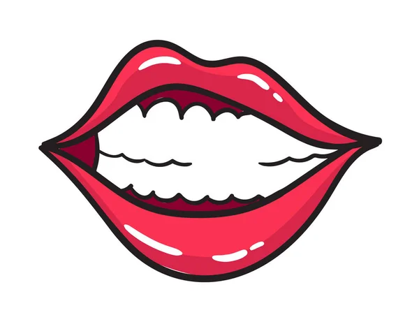 Sticker BD lèvres rouges féminines. Bouche femme avec rouge à lèvres dans un style comique vintage. Sourire pop art illustration rétro — Image vectorielle