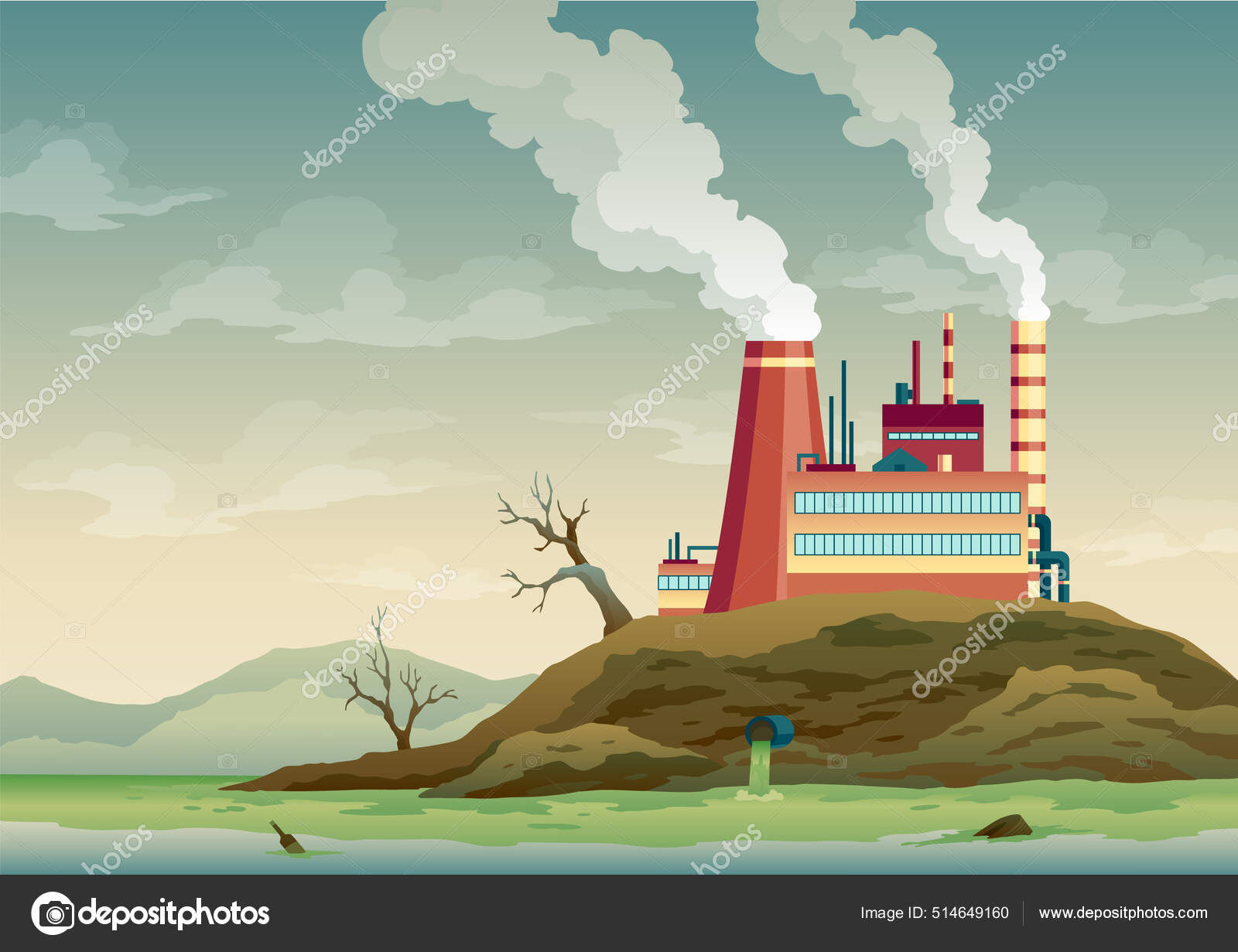 Vettoriale stockFabbrica di inquinamento con tubi fuoriesce fumo. Emissioni  di rifiuti nell'acqua del fiume. Paesaggio con disastro ecologico. Elementi  di ecologia della natura e concetto di problema di ecologia in stile piatto, image size:1600x1231