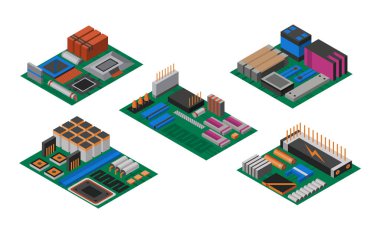 Elektronik bileşenleri olan izometrik devre kartları koleksiyonu. Bilgisayar çipleri teknoloji işlemci devresi ve bilgisayar anakartları bilgi sistemi. Teknoloji ekipmanları koleksiyonu