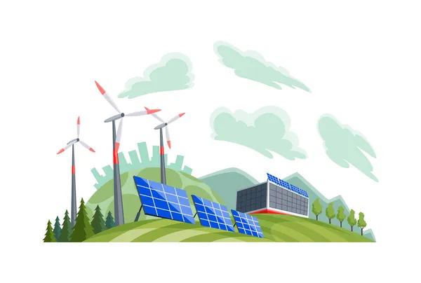 清洁电能的概念。太阳能电池板和风力涡轮机的可再生能源。未来的生态变化。背景上的城市天际线和自然景观 — 图库矢量图片