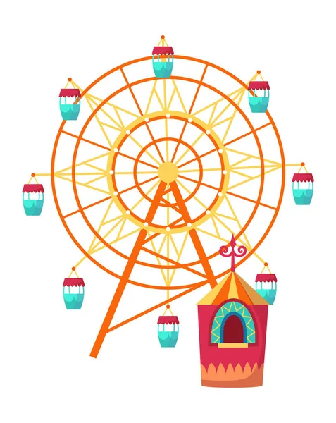 Attractions de parc d'attractions avec roue d'observation et billetterie. Illustration vectorielle sur fond blanc — Image vectorielle