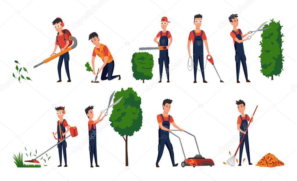 Professional gardeners with different tools and poses. Maintenance performing, plants and lawn care, pruning bush leaves. Man using garden machinery, equipment and tools