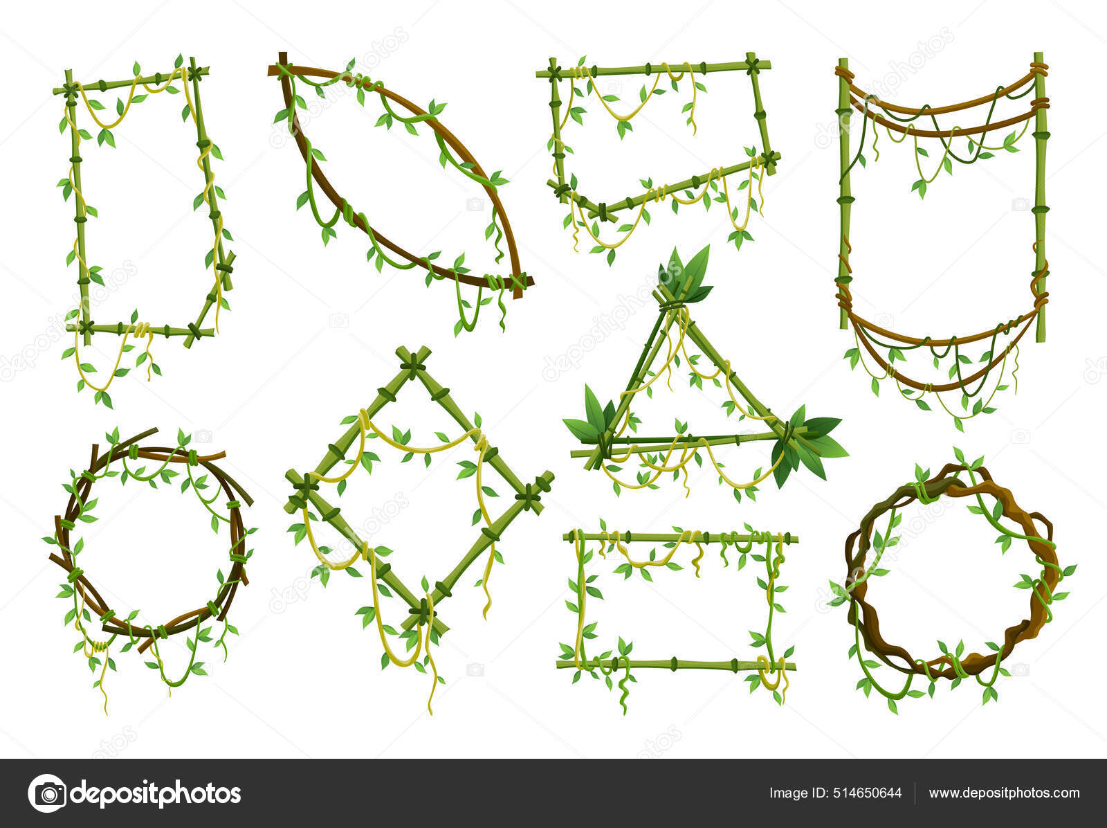 Набор Рамок Тропической Лианы, Ветви Растений Джунглей С Листьями.
