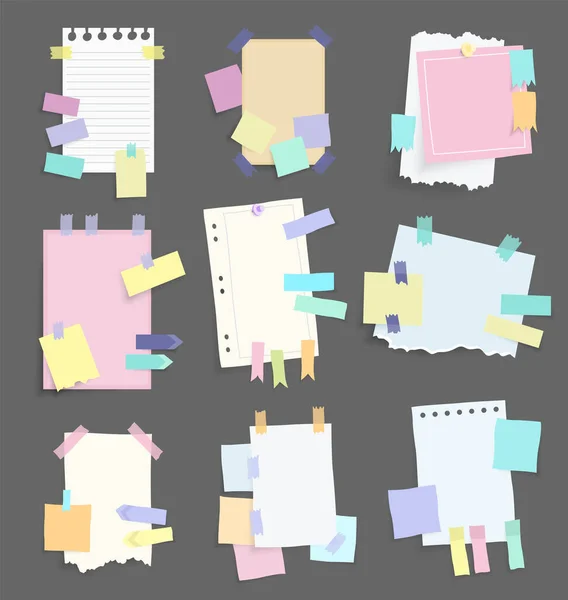 Papier notes autocollants. Ensemble de différents papiers de notes vectorielles. Autocollants blancs multicolores. Feuilles collantes de différentes couleurs et illustrations vectorielles de taille — Image vectorielle