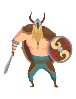 Boynuzlu miğferi, kılıcı ve kalkanı olan bir Viking. Sakallı adam savaşçı ya da İskandinav efsanelerinin kahramanı. Barbar karikatür tarihi karakteri.