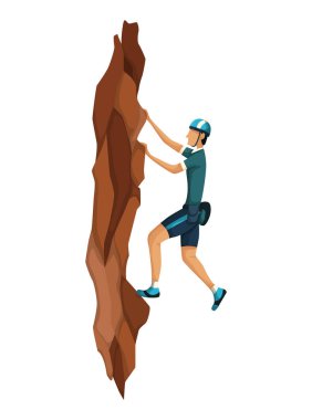 Dağ tırmanışı. Adamlar profesyonel ekipmanlarla bir kaya dağına tırmanıyorlar. Kayalık spor. Oyun sahnesi beyaz arkaplanda izole edildi